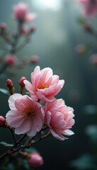 Poster - Three blooming pink flowers in a serene garden setting