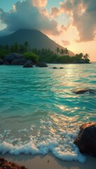 Poster - Tranquil tropical beach with ocean waves and palm trees at sunset
