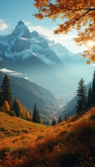Aufkleber - Majestic autumn landscape in mountain valley with snow-capped peaks