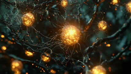 Poster - Abstract glowing spheres connected by thin branches on blurred background video