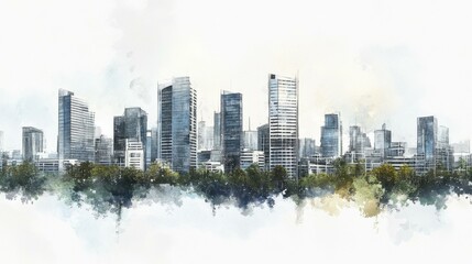 Poster - Stylized city skyline with skyscrapers and trees in urban setting