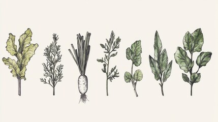 Aufkleber - Illustration of various vegetables and herbs on white background