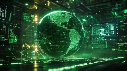 Leinwandbilder - Illuminated digital globe surrounded by data streams in control room