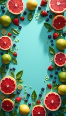 Poster - Colorful arrangement of fresh fruit on bright teal background