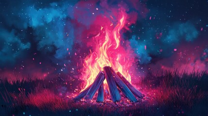 Aufkleber - Enchanting fire burning logs in grassy field under starry sky