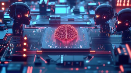 Aufkleber - Three robots with glowing brains in futuristic environment at night