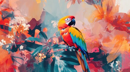 Poster - Vibrant macaw perched among tropical flowers in daytime