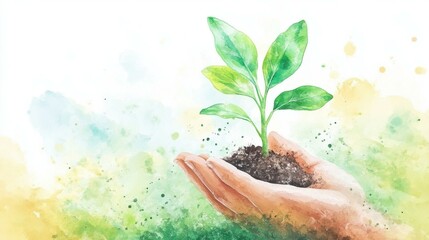 Fototapete - Hands holding a growing plant outdoors in watercolor style