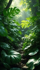Poster - Lush tropical plants in serene jungle with sunlight filtering through
