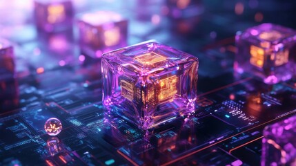 Poster - Illuminated glass cube in futuristic technological environment