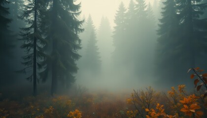 Poster - Foggy coniferous forest with autumnal undergrowth