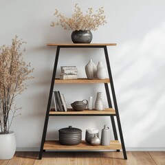 Poster - Minimalist indoor shelf with vases and books in serene living room