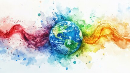 Poster - Abstract watercolor Earth globe with vibrant paint swirls