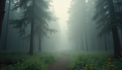Aufkleber - Misty forest path lined with trees and yellow flowers