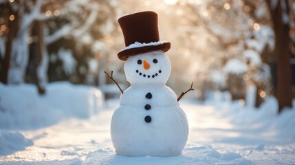 Poster - Whimsical snowman with hat in snowy forest during winter day