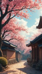 Poster - Blossoming cherry trees near traditional Asian buildings