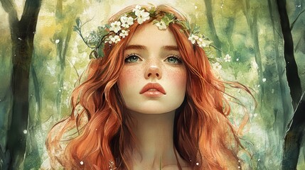 Poster - Serene young woman with flower crown in forest during daytime