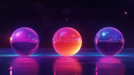 Poster - Three luminous spheres reflecting light in dark space setting