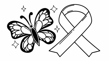 Aufkleber - Butterfly with decorative wings and a ribbon with stars in a monochrome line art design style created with generated ai