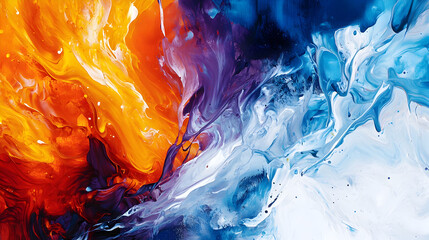 Poster - Abstract painting with vibrant swirls of orange, blue, and white, evoking the contrast of fire and ice in a dynamic composition.