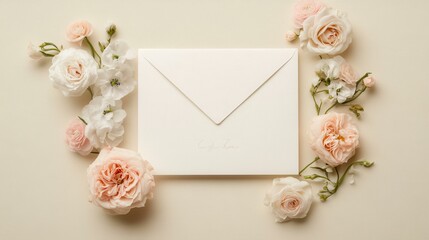 Aufkleber - Elegant flat lay of cream envelope with peach and white flowers
