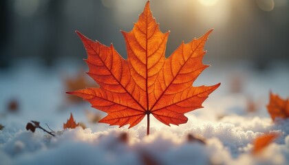 Poster - Maple leaf covered in snow in serene winter forest