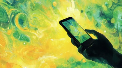 Poster - Adult person holding smartphone displaying abstract image in daytime