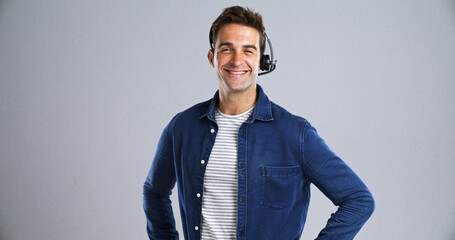 Aufkleber - Happy man, portrait and agent with headset in studio for call center service on white background. Male person, consultant or virtual assistant with smile for telesales or online advice on space