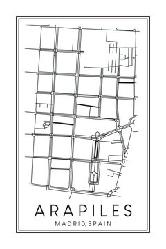 Hand drawn printable downtown road map poster of borough ARAPILES of the Spanish city of MADRID on solid white background with city name