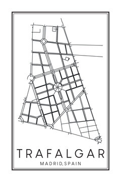 Hand drawn printable downtown road map poster of borough TRAFALGAR of the Spanish city of MADRID on solid white background with city name
