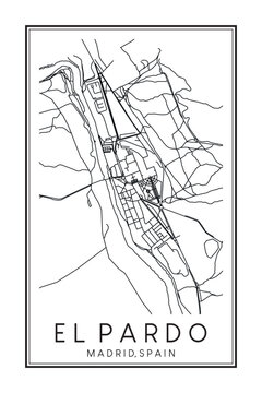 Hand drawn printable downtown road map poster of borough EL PARDO of the Spanish city of MADRID on solid white background with city name