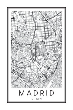 Hand drawn printable downtown road map poster of the Spanish city of MADRID on solid white background with city name