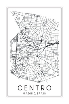 Hand drawn printable downtown road map poster of borough CENTRO of the Spanish city of MADRID on solid white background with city name