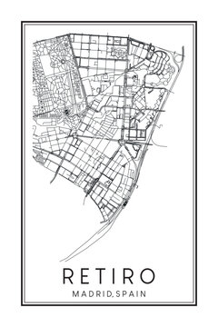 Hand drawn printable downtown road map poster of borough RETIRO of the Spanish city of MADRID on solid white background with city name
