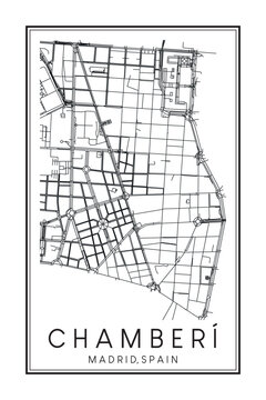 Hand drawn printable downtown road map poster of borough CHAMBERÍ of the Spanish city of MADRID on solid white background with city name
