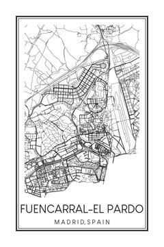 Hand drawn printable downtown road map poster of borough FUENCARRAL-EL PARDO of the Spanish city of MADRID on solid white background with city name