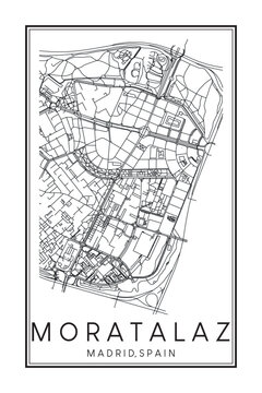 Hand drawn printable downtown road map poster of borough MORATALAZ of the Spanish city of MADRID on solid white background with city name