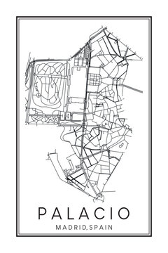 Hand drawn printable downtown road map poster of borough PALACIO of the Spanish city of MADRID on solid white background with city name