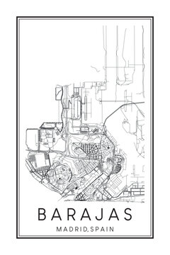 Hand drawn printable downtown road map poster of borough BARAJAS of the Spanish city of MADRID on solid white background with city name