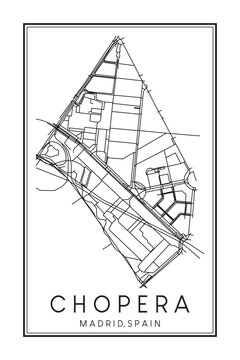 Hand drawn printable downtown road map poster of borough CHOPERA of the Spanish city of MADRID on solid white background with city name
