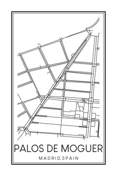 Hand drawn printable downtown road map poster of borough PALOS DE MOGUER of the Spanish city of MADRID on solid white background with city name