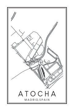 Hand drawn printable downtown road map poster of borough ATOCHA of the Spanish city of MADRID on solid white background with city name