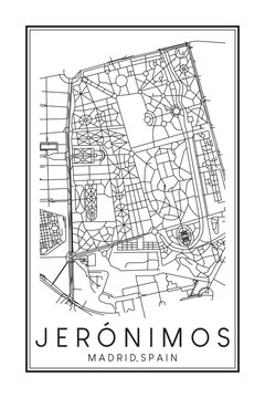 Hand drawn printable downtown road map poster of borough JERÓNIMOS of the Spanish city of MADRID on solid white background with city name