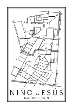 Hand drawn printable downtown road map poster of borough NIÑO JESÚS of the Spanish city of MADRID on solid white background with city name
