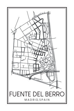 Hand drawn printable downtown road map poster of borough FUENTE DEL BERRO of the Spanish city of MADRID on solid white background with city name
