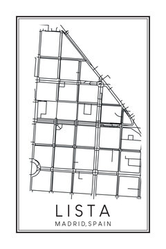 Hand drawn printable downtown road map poster of borough LISTA of the Spanish city of MADRID on solid white background with city name