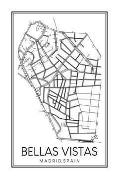 Hand drawn printable downtown road map poster of borough BELLAS VISTAS of the Spanish city of MADRID on solid white background with city name