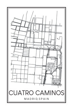 Hand drawn printable downtown road map poster of borough CUATRO CAMINOS of the Spanish city of MADRID on solid white background with city name