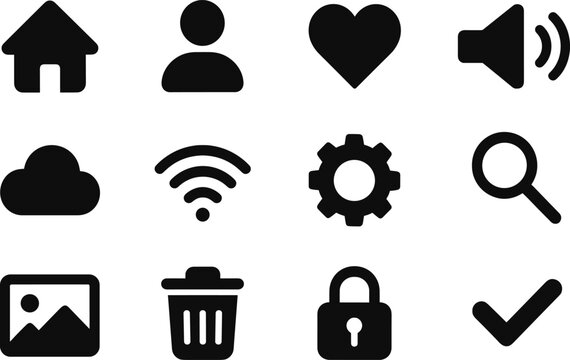 Essential interface icons representing common functions and features in a clean, minimalist style