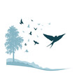 © Евгений Горячев - Nature landscape with birds silhouettes. Flying swallows. Vector illustration.